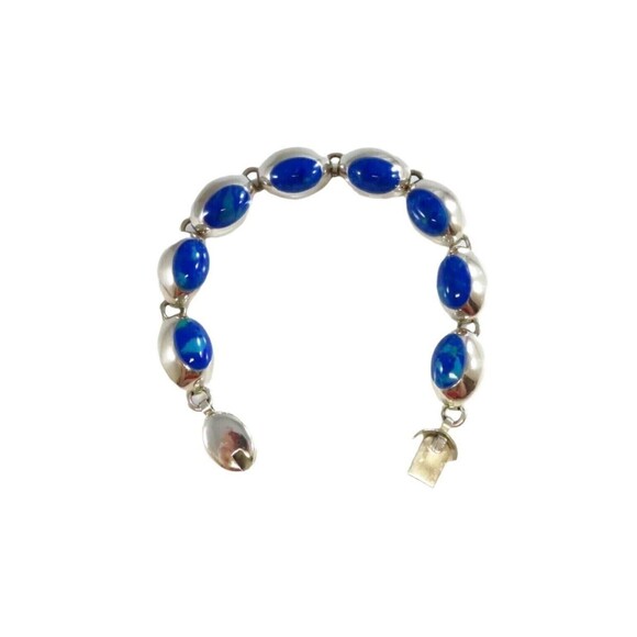Sterling Silver 7 3/4" Bracelet Azurite-Malachite Blue Green Polished Cabochon - Picture 1 of 12